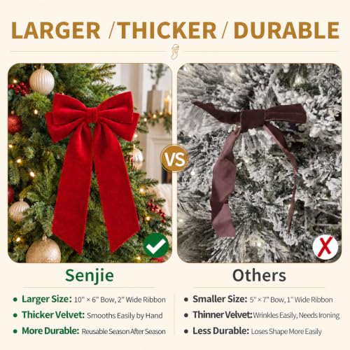 Senjie Velvet Christmas Bows 2" Wide, Red, 10-Pack – Pre-Tied Decorative Tree Garland Wreath