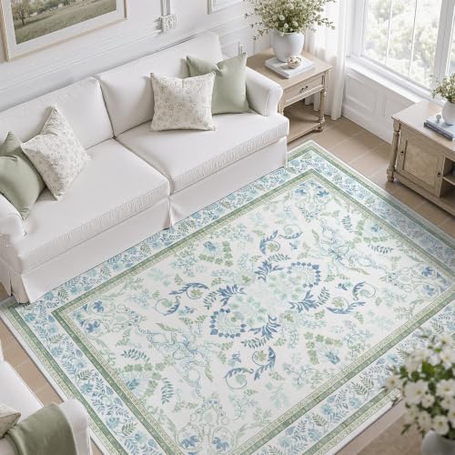 Blue and Green Washable 6x9 Area Rug - Non-Slip, Soft, Durable