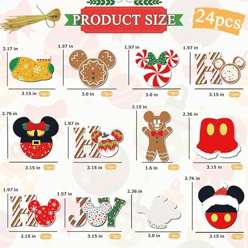 24 Pcs Christmas Decorations with Golden Fine Threads, Wooden Mouse Ornaments for Holiday Christmas Trees Hanging Party Decorations for Tree Home Fireplace (Red)