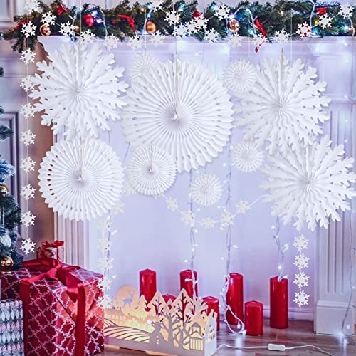 12pcs Winter Wonderland Snowflake Party Decorations Set: White Paper Fan Decor Snowflakes Garlands Banner for Frozen Birthday, Christmas, Baby Shower, Wedding