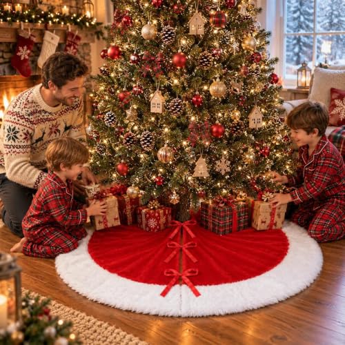 X-Large Red & White Velvet Christmas Tree Skirt - 48 Inch Holiday Decor