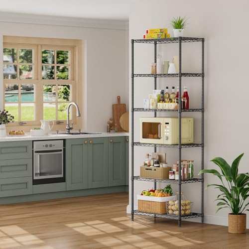 SINGAYE 6-Tier Metal Wire Shelving Unit, Adjustable Black Pantry Storage Shelf 14"D x 24"W x 72"H