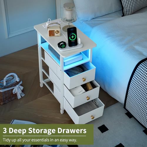 Yoobure White End Table with Charging Station & 3 Fabric Drawers - Slim Nightstand for Small Spaces