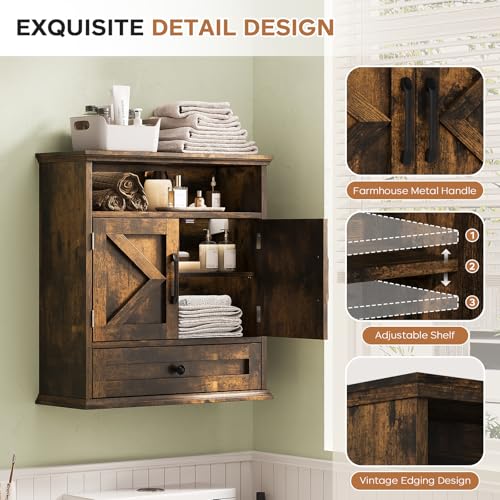 Rustic Brown Bathroom Wall Cabinet - 24.4"H x 23.6"W x 9"D Wall Mounted Medicine Cabinet