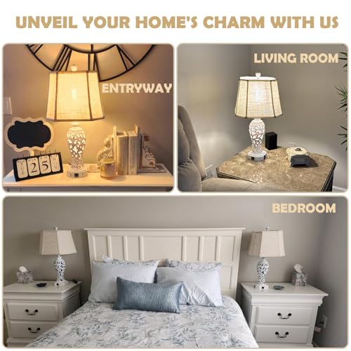 Reyokale Wash White Rustic Table Lamp Set with USB Ports & Nightlight - Farmhouse Vintage End Table Lamps for Living Room & Bedroom