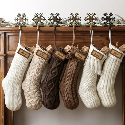 Pawliss Farmhouse Knitted Personalized Christmas Stockings 6 Pack - 18 Inch White Brown Beige Cable Knit Holiday Decor