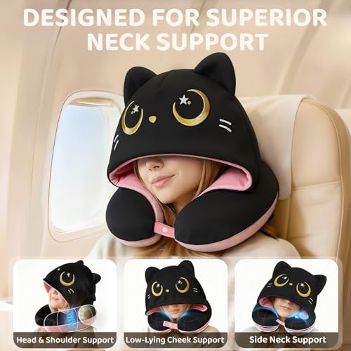 Mewaii Pink Travel Neck Pillow with Hood - Memory Foam & Privacy Cover