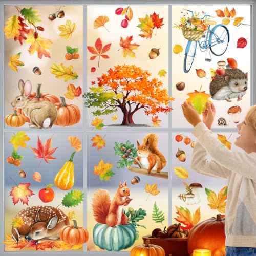 Fall Window Clings,Autumn Window Clings,Thanksgiving Decorations,9 Sheets Double-Side Pumpkin Leaves Window Stickers for Autumn Harvest Thanksgiving Home Party Shop Display Decoration