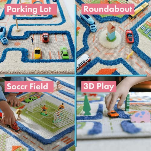 IVI Traffic Blue 3D Play Rug, 39 x 59 inches - Playmat for Toddler Play