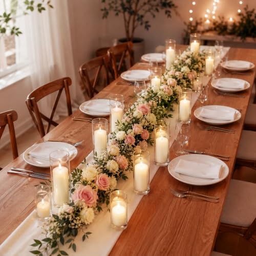 White Pillar Candles with Glass Candle Holders Set - 24 Pieces