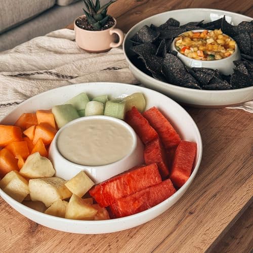 Mora Ceramic Chips and Dip Serving Tray Vanilla White - Large Divided Party Bowl Set