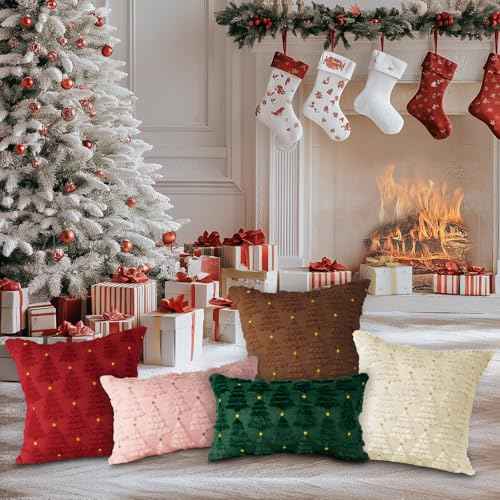 Lanpn Christmas 18x18 Throw Pillow Covers Set of 2, Winter Star Chrismas Tree Throw Pillow Cases Soft Plush Faux Fur Wool 18 x 18 Winter Cushion Cover for Indoor Home Bedroom Couch Sofa Decor (Beige)