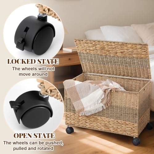 Large Tricolor Wicker Storage Trunk Basket with Wheels - 42.3 Gallon / 160L