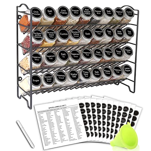 Black Spice Rack Organizer with 36 Glass Jars and Labels – 4 oz Capacity