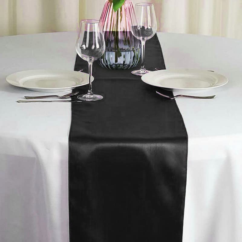 HMQIANG 2-Pack Black Satin Table Runners 12x108 Inches with Scalloped Edges - Halloween Decor