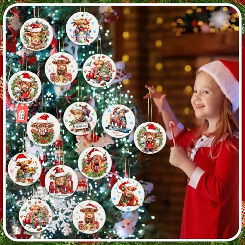 Vesici Highland Cow Ceramic Christmas Ornaments - 12pk with Hanging Ribbons