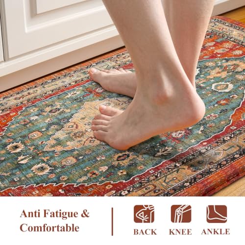 Collive Boho Kitchen Rug Set of 2 Fall Waterproof Floor Mats - Terracotta Rust & Teal, 17.3x47 & 17.3x29 inches
