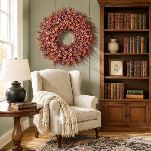 24-Inch Artificial Fall Boxwood Wreath for Front Door & Indoor Decor