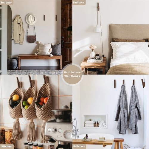 FCOWK Walnut Wooden Wall Hooks 4-Pack - Heavy Duty Coat & Towel Hooks for Bathroom & Home