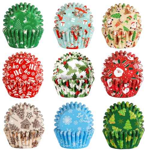 SANNIX 450pcs Christmas Cupcake Liners, Christmas Santa Claus Snowman Tree Baking Cups Cupcake Wrappers Paper Wraps Muffin Liners for Xmas Birthday Party Candy Cake Decorations Supplies(9 Designs)