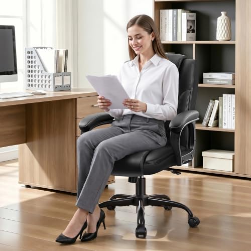 Black Executive Office Chair - PU Leather Desk Chair with Padded Arms