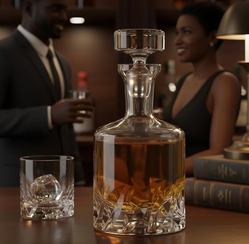Beveled Blade Whiskey Decanter - Hand-Blown 34 Fl Oz Lead-Free Crystal with Conical Stopper
