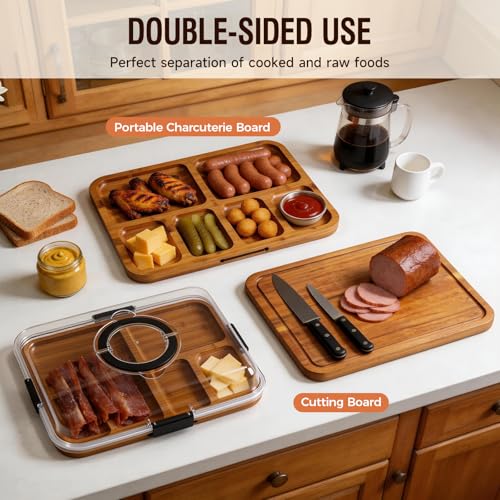 Renmxj Charcuterie Board with Lid, Carbonized Bamboo, Knives Set and