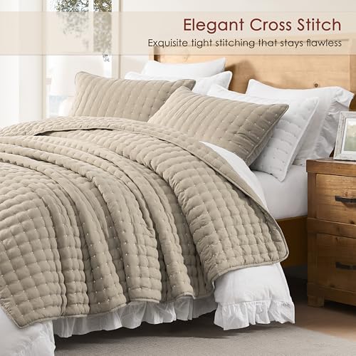Oversized King Quilt Set - Deep Beige with White Cross Stitching, 116x106 inches, Microfiber