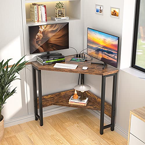 Rustic Corner Small Desk with Outlets & USB Ports - Triangle Home Office Table