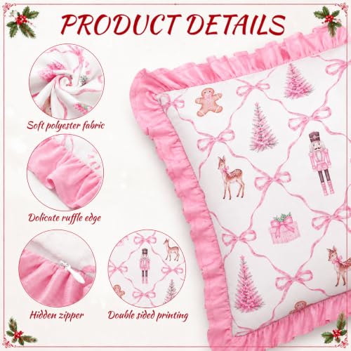 Irenare 2Pcs Pink Christmas Pillow Covers 18x18 Inch – Coquette Ruffle Xmas Decor