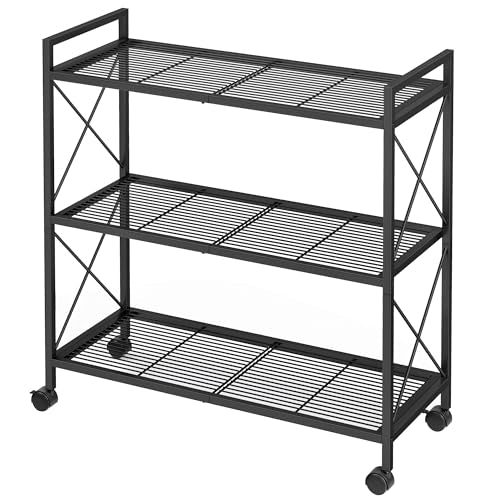 Black 3-Tier Steel Storage Rack with Wheels Mesh Shelving Unit