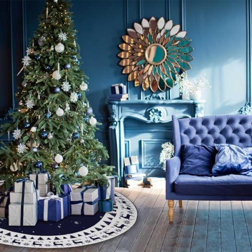 MEYAOHUIH 48in Christmas Tree Skirt Elk Snowflakes Navy Blue - Easy Tie Holiday Decor
