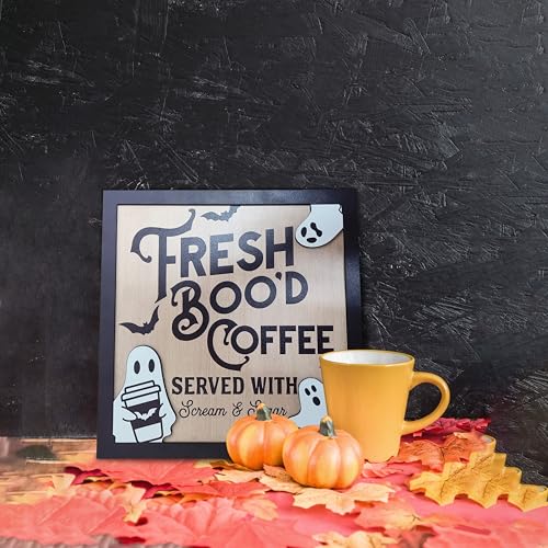 Halloween Decorations Wooden Hanging Sign, Fresh Boo'd Coffee Ghost Door Hanger Sign For Outdoor Home Farmhouse Wall Window Yard,Party Supplies Halloween Christmas.(007)
