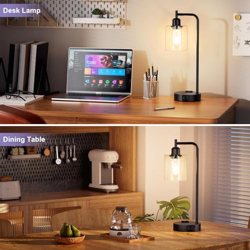 Innqoo A-Clear Industrial Touch Bedside Lamps Set of 2, Dimmable Nightstand Lights with USB and Outlet