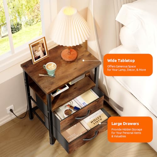 Lazzanto Rustic Brown Nightstand with Charging Station, 2 Drawers