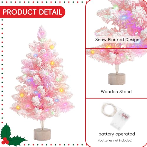 Pink Artificial Christmas Tree with Lights - 2ft Snow Flocked Mini Tree for Indoor & Outdoor Holiday Decor - Battery Operated, Wooden Stand, LED String Included