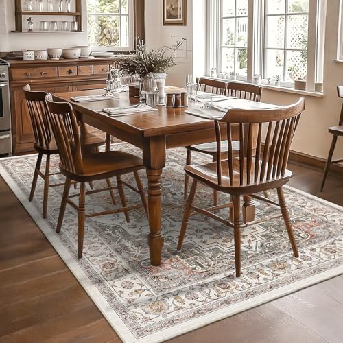 Orange & Gray 6x9 Boho Vintage Area Rug - Washable Non-Slip Living Room Carpet