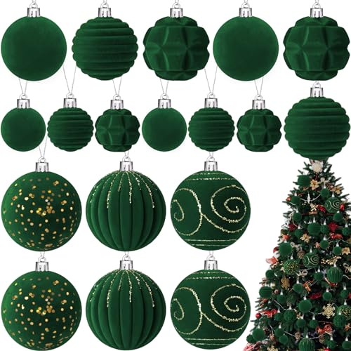 Suzile Green Velvet Christmas Ornament Set - 18 Pcs Flocked Holiday Decorations