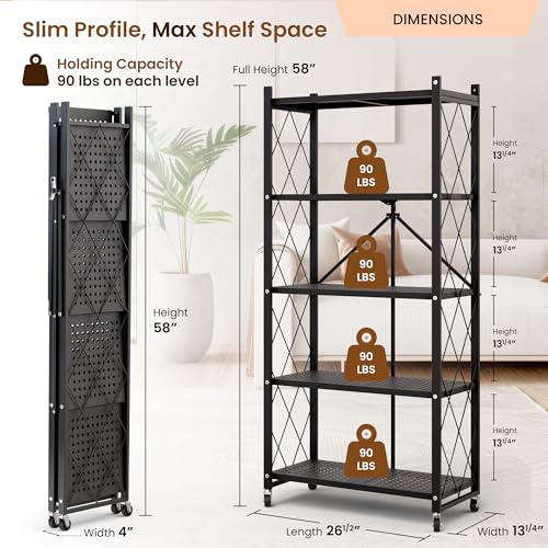 Black 5-Tier Foldable Storage Shelf with Wheels - Collapsible Metal Rack for Kitchen, Pantry & Closet