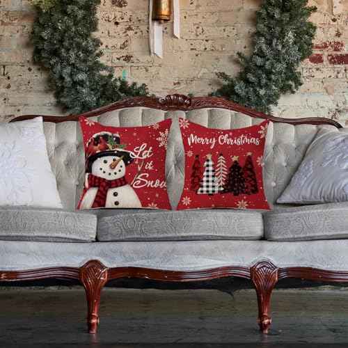 TAJWE Christmas Pillow Covers 18x18 Set of 2 Let it Snow Snowman Christmas Trees Xmas Throw Lumbar Cushion Cases for Couch Sofa Home Decorations