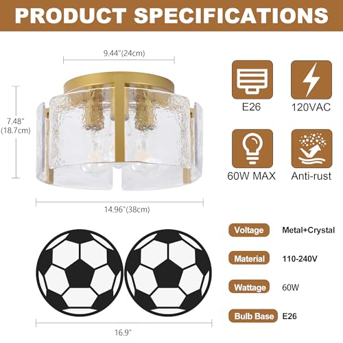 Xeruyiwa 15-Inch Gold Semi Flush Mount Ceiling Light - Dimmable 3-Light Drum Glass Fixture