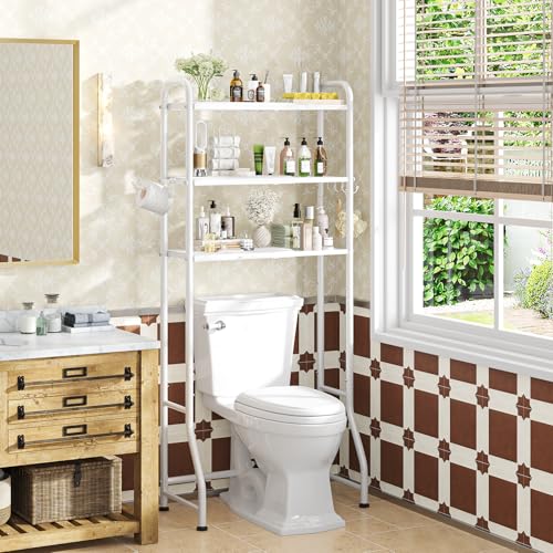White Expandable Over-the-Toilet Storage Rack with 3 Shelves & Hooks