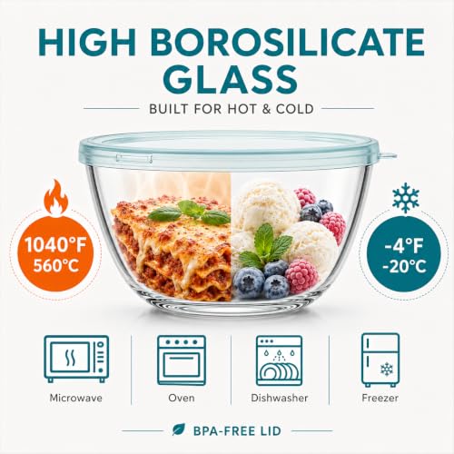 Clear Blue Glass Mixing Bowls with Lids Set - 3-Piece Kitchen Food Prep & Storage