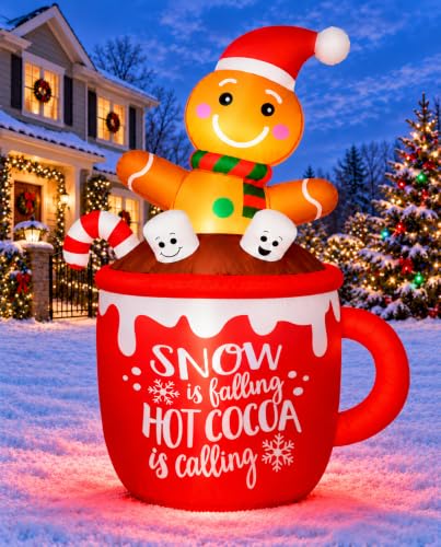 6FT Christmas Inflatable Gingerbread Man in Hot Cocoa Mug with LED Lights Outdoor Decor