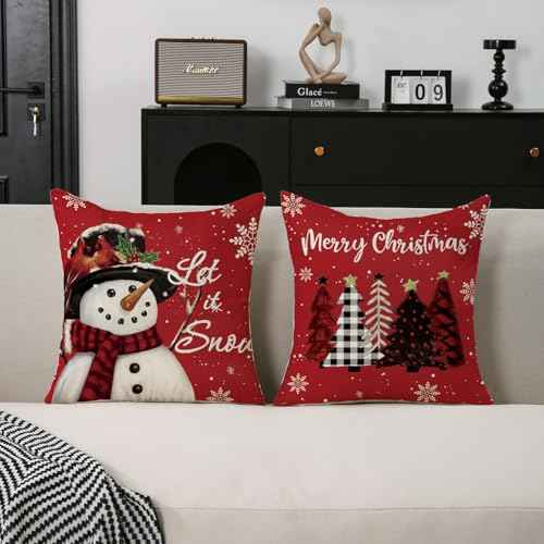 TAJWE Christmas Pillow Covers 18x18 Set of 2 Let it Snow Snowman Christmas Trees Xmas Throw Lumbar Cushion Cases for Couch Sofa Home Decorations
