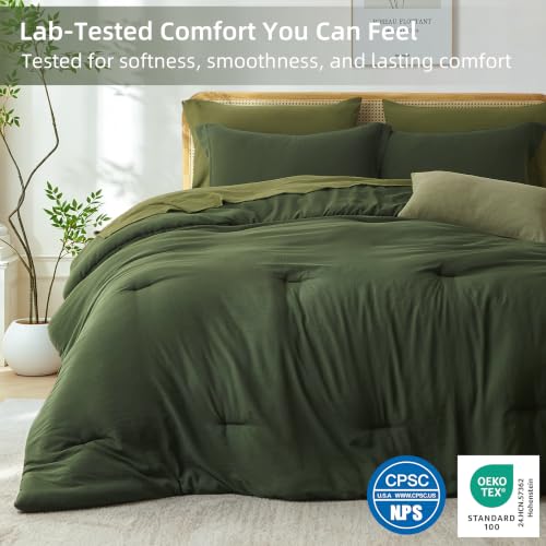Dark Green Queen Comforter Set - 7-Piece Bed in a Bag with Sheets & Shams