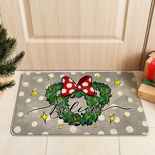 Tailus Christmas Gray Mouse Front Door Mat - Peppermint Candy Wreath 17x29 In