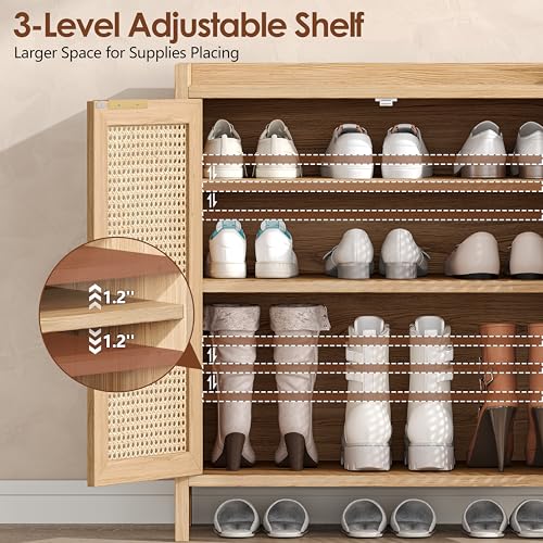 Rattan Shoe Storage Cabinet 5-Tier Entryway Organizer with Doors