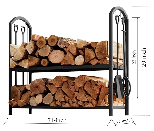 Firewood Log Rack with Fireplace Tools - 31x13x29 Inch Black Wrought Iron