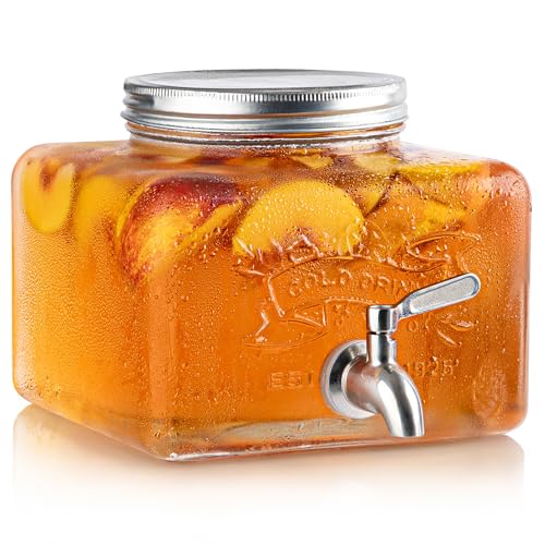 Glass Beverage Dispenser with Stainless Steel Spigot - 1 Gallon Mason Jar Style Drink Dispenser for Fridge & Outdoor Use